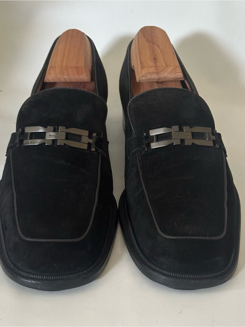 Salvatore Ferragamo Men's Blue Suede Leather Loafers with Gunmetal Bit